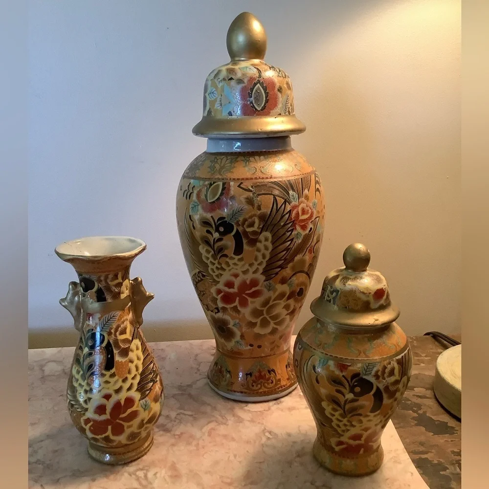 Set Vintage Asian Satsuma Style Ginger Jars + Vase - Picture 1 of 12
